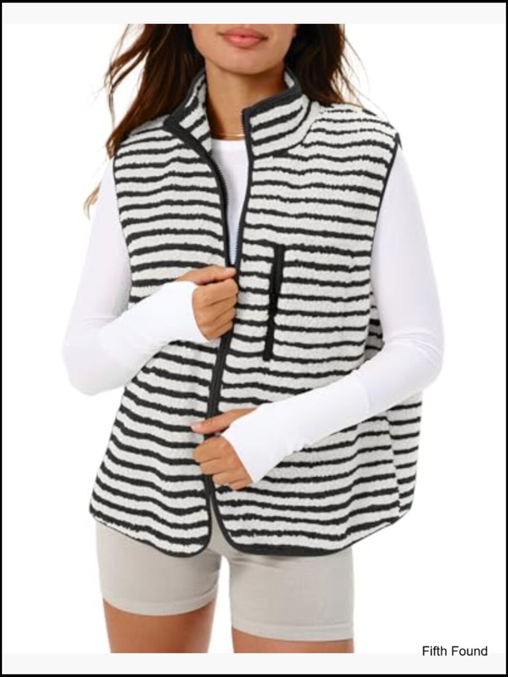 Women's Cropped Zip Fleece Vest Striped Sleeveless Jacket Layering Gilet - Picture 2 of 6